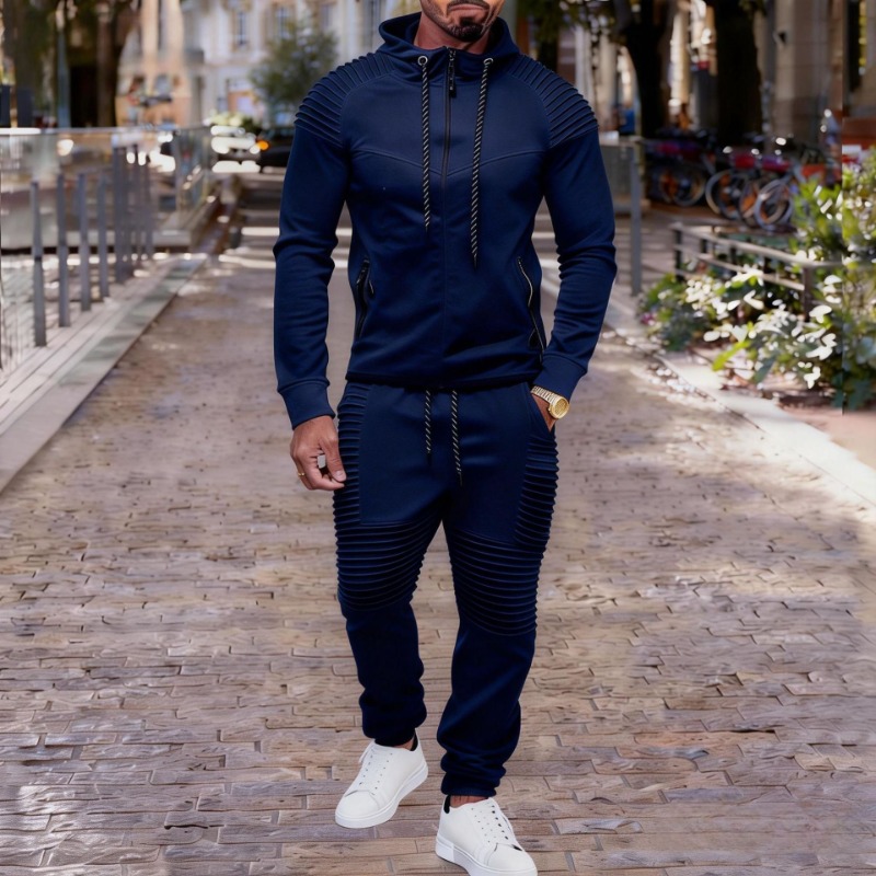 Jogger Sweatpants Men - 남성 플리츠 디테일 풀집 후드 트랙수트
