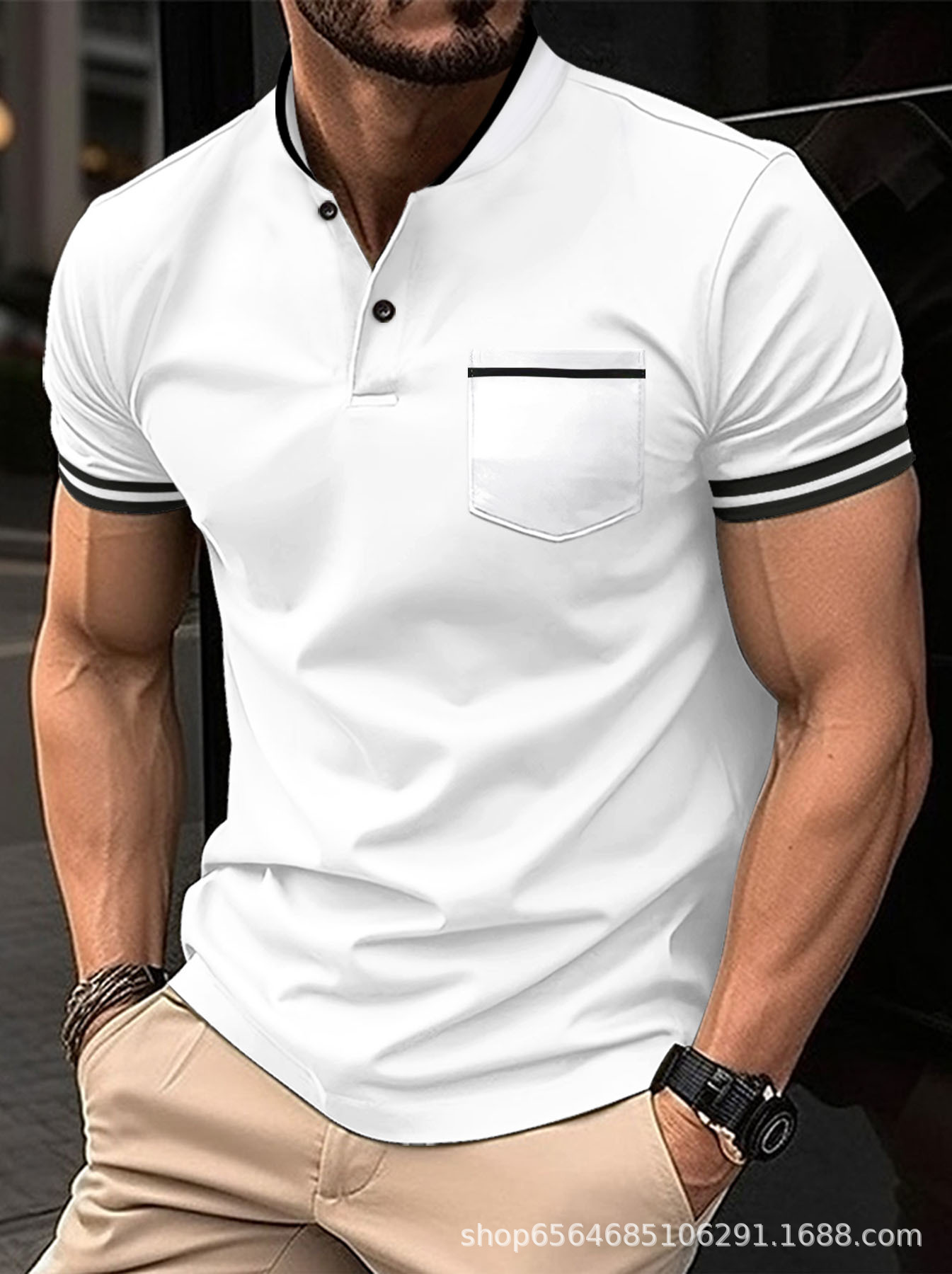 Amazon Men'S Fashion - 남성용 반팔 스탠딩 칼라 포켓 스포츠